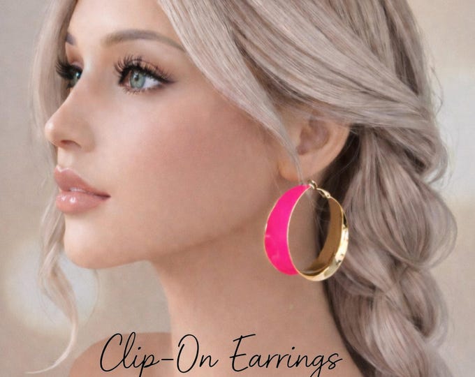 Clip On Hoop Earrings - Wide Neon Pink Enamel & Gold Tone Hoop Earrings - Bold Statement Hoops - 1.9" - 4.5cm