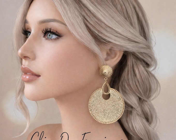 Gold Disc Clip-On Earrings – Textured Statement Drops, Oversized Round Non Pierced Earrings, 4" - 10cm