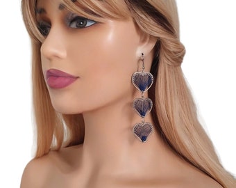 1 pair of 4" long silver & NAVY blue thread - woven long heart layered CLIP ON drop earrings - Available for non pierced or pierced ears