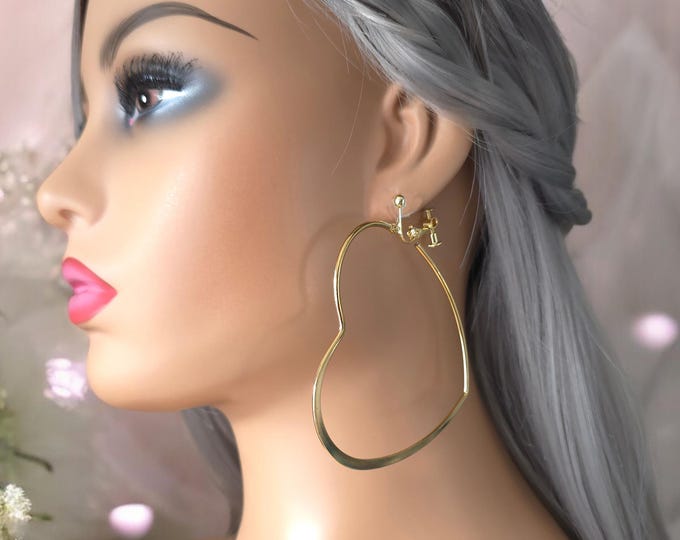 1 pair gold  CLIP ON C shape hoop earrings - 3.5" long gold stainless steel heart shape hoop earrings for non pierced ears - non tarnish