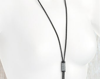 28" long pendant necklace - black metal  popcorn chain & diamante barrel pendant chain necklace