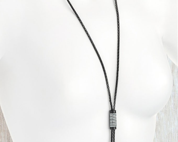 28" long pendant necklace - black metal  popcorn chain & diamante barrel pendant chain necklace