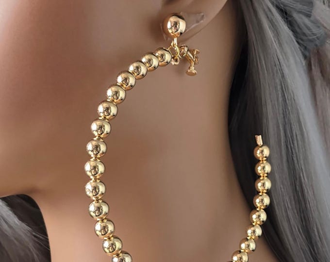 1 pair CLIP ON hoop earrings, 4.5" large C design gold beaded hoop earrings - Pierced - non pierced ears, Oversized IG hoop earrings