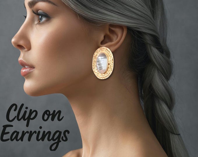 Large Gold Tone Pearl Clip On Earrings for Women | Vintage Style Oval Statement Earrings | Non Pierced | Retro Elegant Jewelry Gift