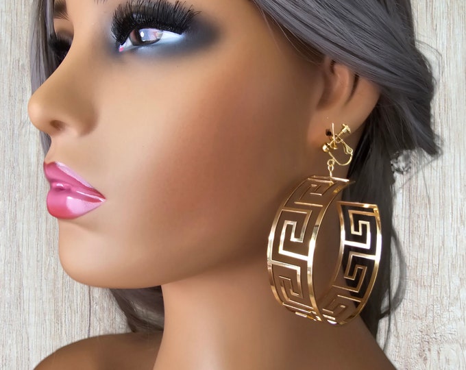 1 pair Gold CLIP ON C shape hoop earrings - 2.5" gold tone extra wide flat tube cut out design C shape hoops - clip on or pierced option