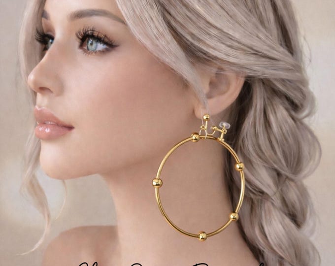 Gold Stainless Steel Clip On Drop Hoop Earrings – Clip On or Pierced Option - 3.25" - 8.2cm