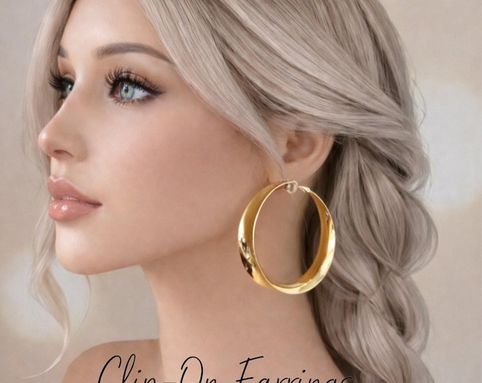 Clip On Hoop Earrings –  Wide Oversized Gold Tone High-Shine Hoops - 2.5" - 6.5cm