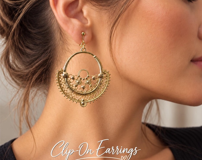 Clip On Gold Tone Filigree Earrings – Ornate Statement Earrings – Boho Gypsy Style – 3" - 7.5cm