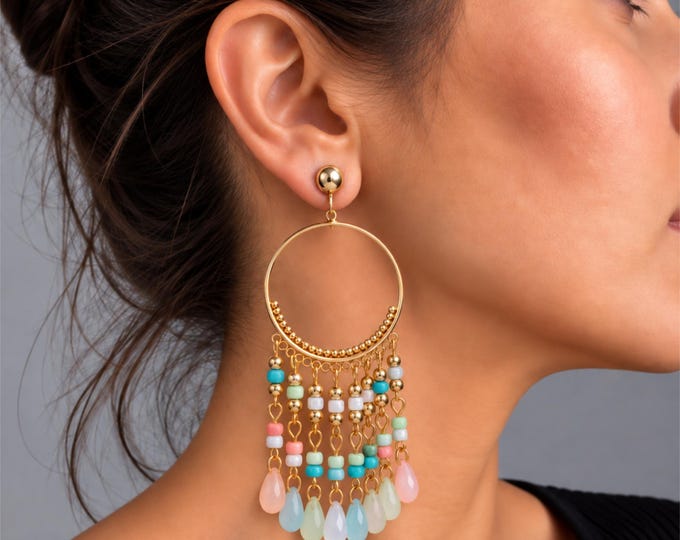 Clip On Multi Colour & Gold Tone Chandelier Hoop Earrings – Large Boho Statement Earrings – Non Pierced Earrings – 4" - 10cm