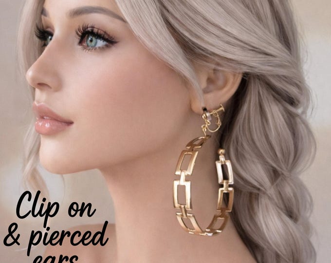 Large Clip On Gold Chain Link Hoop Earrings – 3" Statement  Hoops – Pierced & Non Pierced