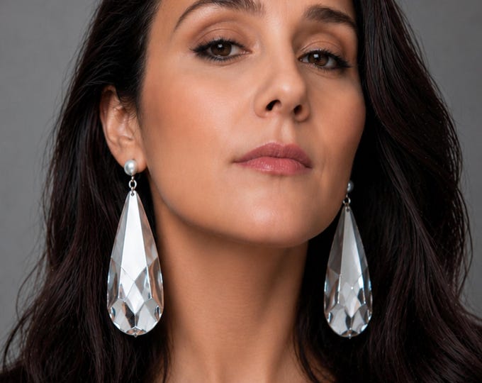 Silver Tone Drop Clip On Earrings – Non Pierced Statement Geometric Dangle Earrings – 4.25" - 11cm