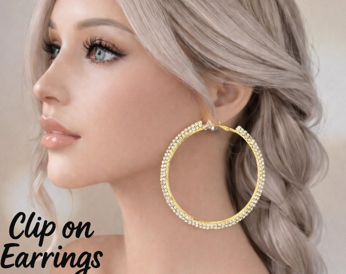 Clip On Hoop Earrings - Large Rhinestone Hoops Oversized Sparkly Statement Earrings - 3.2" - 8cm