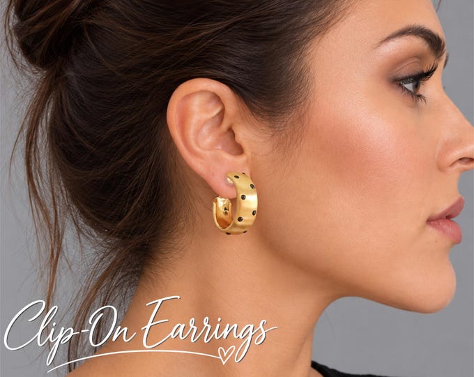 Clip On Gold Tone Polka Dot Hoop Earrings – Small Chunky Statement Hoops – 1.2" - 3cm