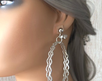 1 pair silver tone multi layered CLIP ON hoop drop earrings, 3.5" long 3 layered wavy design paterened hoop drop earrings Clip on or pierced