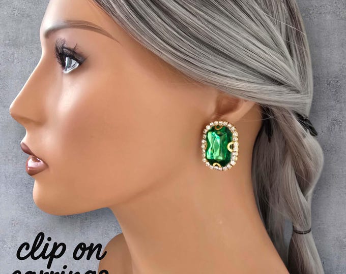 Large Gold & Green Rhinestone Clip-On Earrings | Crystal Stud Statement Ear Clips | Sparkly Diamante Earrings for Non Pierced Ears