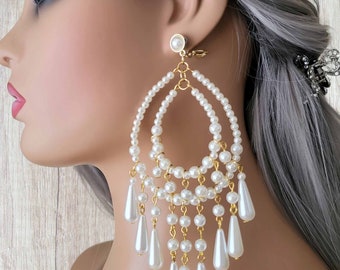 Beautiful long faux pearl CLIP ON drop earrings - 5.75" long - White or Ivory faux pearl beads - Gorgeous long statement hoop drop earrings