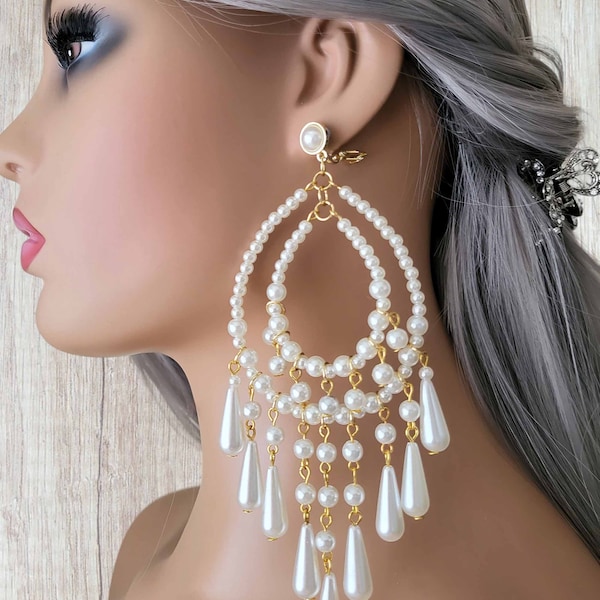 Beautiful long faux pearl CLIP ON drop earrings - 5.75" long - White or Ivory faux pearl beads - Gorgeous long statement hoop drop earrings