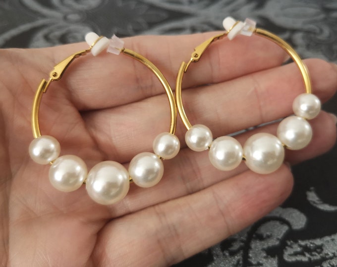 CLIP ON pearl hoop earrings - 1.8" gold plated stainless steel hoops & faux pearl beads - Available as clip on or pierced