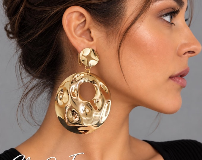Clip On Gold Tone Statement Earrings – Oversized Molten Disc Dangle Earrings – Bold Gold Drop Earrings – 3.5" - 9cm