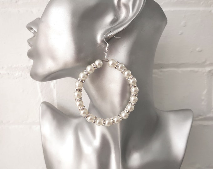 1 pair of faux pearl & diamante style hoop drop earrings - 7cm - 2.9" long BIG bold statement earrings Clip on or pierced option