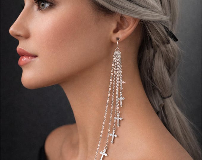 7" Long Silver Tone Cross Chain Drop Earrings –  Layered Statement Earrings – Pierced or Clip On