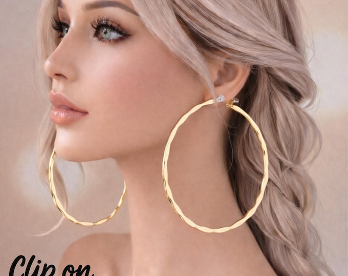 Gold Tone Clip On Hoop Earrings, Large Statement Hoops ( 9cm - 3.5" )