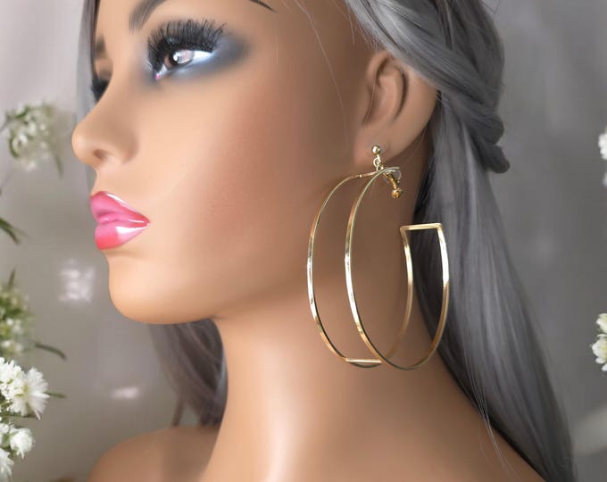 1 pair Gold CLIP ON C shape hoop earrings - 3.5" gold tone extra wide flat tube cut out design C shape hoops - clip on or pierced option