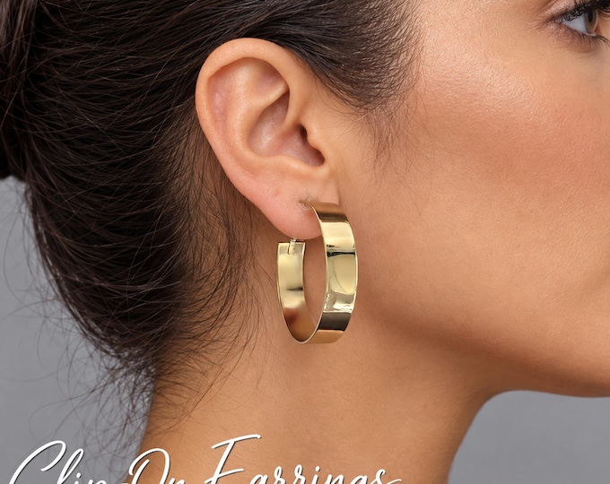 Clip On Earrings – Gold Tone Wide Hoop  Non Pierced Flat Statement Hoops – Classic Chunky Earrings – 1.6" - 4cm