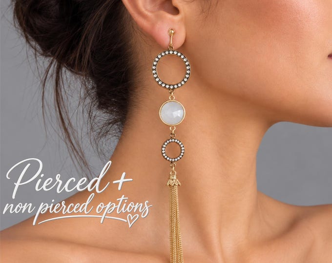 Clip On Gold Tone Tassel Earrings, Rhinestone Circle Statement Earrings, Long Crystal Dangle Earrings, 7" - 18cm