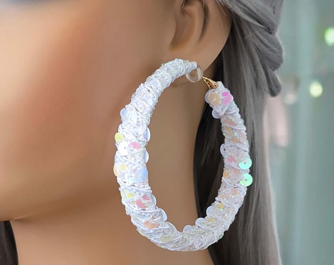 CLIP ON hoop earrings, 3.2" big white hoop earrings, sequin fabric wrapped hoops for non pierced & pierced ears Chunky statement IG earrings