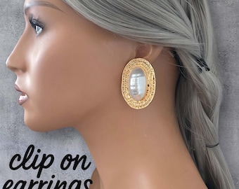 Large Gold Tone Pearl Clip On Earrings for Women | Vintage Style Oval Statement Earrings | Non Pierced Earrings | Retro Elegant Jewelry Gift