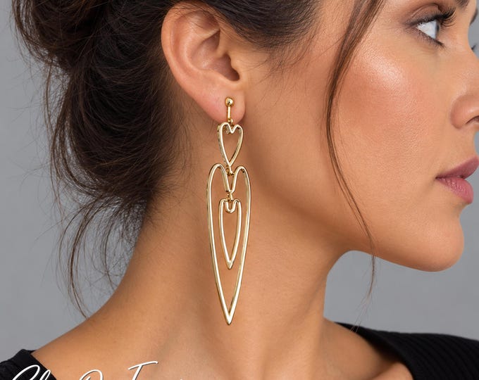 CLIP ON Heart Earrings, Long Gold Statement Earrings,  Non Pierced Ears, Lightweight Earrings, 4" - 10cm