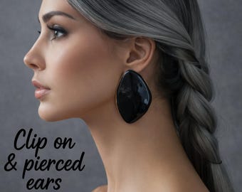 Large Irregular Black Enamel Clip On Statement Earrings, Gold Tone Edge, Pierced & Non Pierced