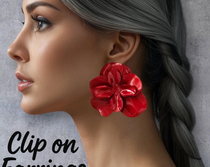 Bold Red CLIP ON Flower Statement Earrings • 2.5" Large Glossy Metal Petal Studs • Big Oversized Floral Earrings