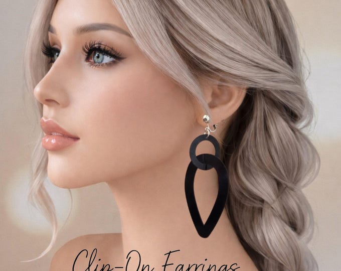 Black Statement Clip On Earrings - Oversized Geometric Bold Drop Earrings - 4" - 10cm