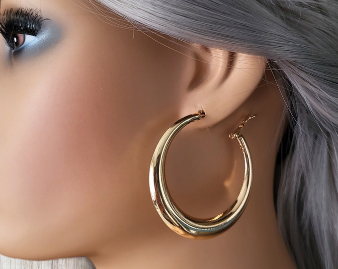 Gold / silver tone CLIP ON hoop earrings - 2" diameter - plain chunky - thick crescent design tube hoop earrings - clip on or pierced option