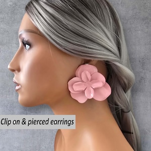 CLIP ON drop earrings, Large glossy pink painted flower design earrings for non pierced ears, 2.5&quot; big bold statement fashion earrings