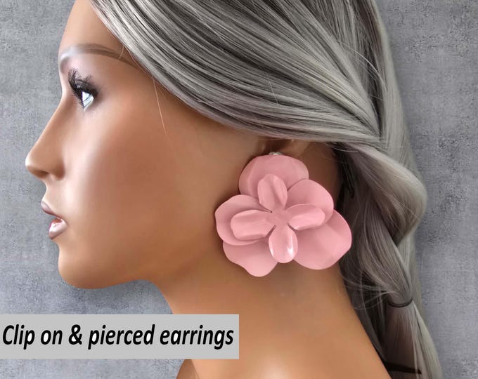 CLIP ON drop earrings, Large glossy pink painted flower design earrings for non pierced ears, 2.5" big bold statement fashion earrings