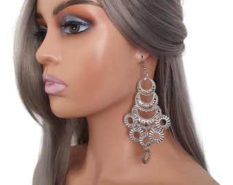 4.75" Extra long silver metal filigree & charm layered chandelier style earrings - Clip on or pierced options - Super lightweight