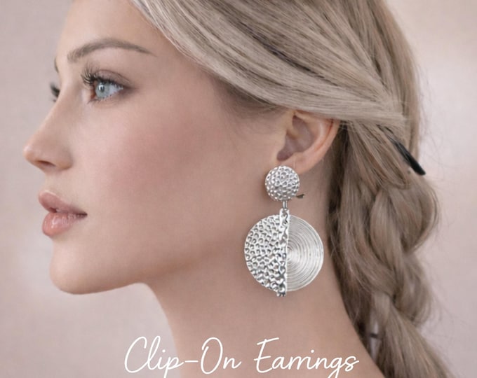 Clip On Earrings,  Silver Tone Textured Disc Drop Earrings, Bold Geometric Earrings, 2.75" - 7.1cm