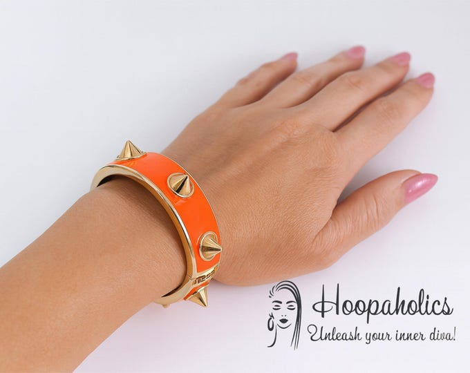 Orange Gold Spike Hinged Bangle – Bold Statement Wrist Cuff, Chunky Spiked Punk Rock Fashion Bracelet