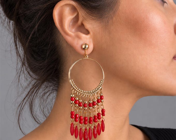 Clip On Red & Gold Tone Chandelier Hoop Earrings – Large Boho Statement Earrings – Non Pierced Earrings – 4" - 10cm