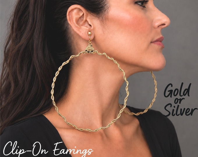 Oversized Twist Clip On Drop Hoop Earrings - Lightweight Statement Hoops - Non Pierced  6" - 15cm