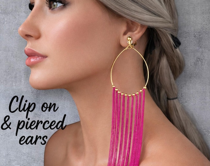 CLIP ON Magenta Tassel Earrings, Long Gold Hoop Chain Fringe - Statement Pink Drop Earrings,