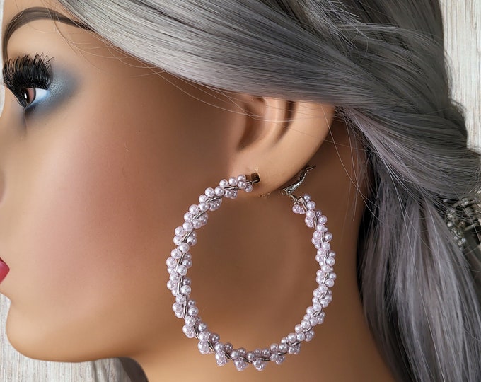 1 pair of 2.5" silver tone & white faux pearl bead - twisted design CLIP ON large hoop earrings - Clip on or pierced big hoop earrings