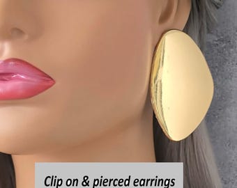 1 pair gold tone CLIP ON stud earrings - 2.75" stylish long irregular design big stud - drop earrings - oversized non pierced earrings