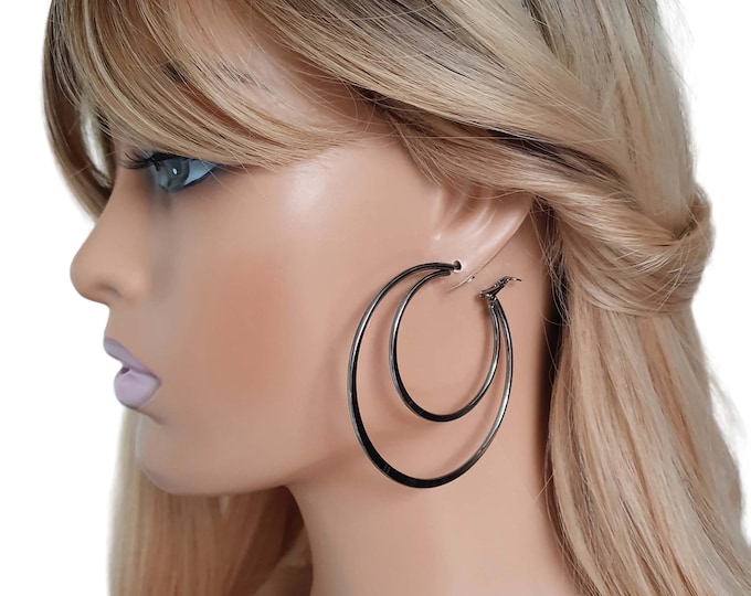 1 pair of 2.5" gunmetal - Hematite coloured stainless steel CLIP ON double layered hoop earrings - Pierced or non pierced options