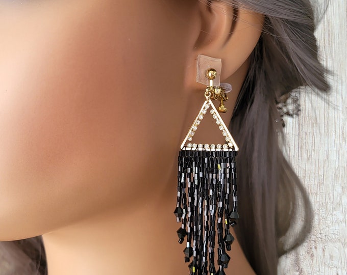 1 pair long CLIP ON drop earrings - 4.5" long 18k gold plated, diamante & black bead waterfall drop earrings - Clip on or pierced options