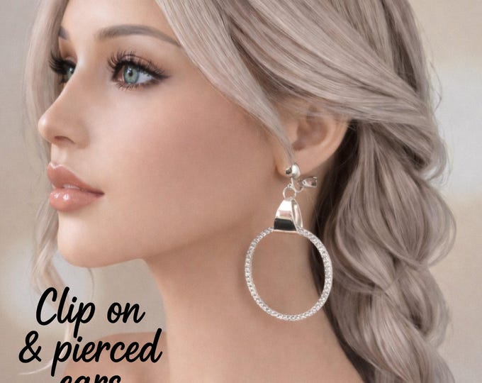 Silver Tone Clip On Hoop Earrings – Rhinestone Statement Hoops – Sparkly Crystal Drop Earrings