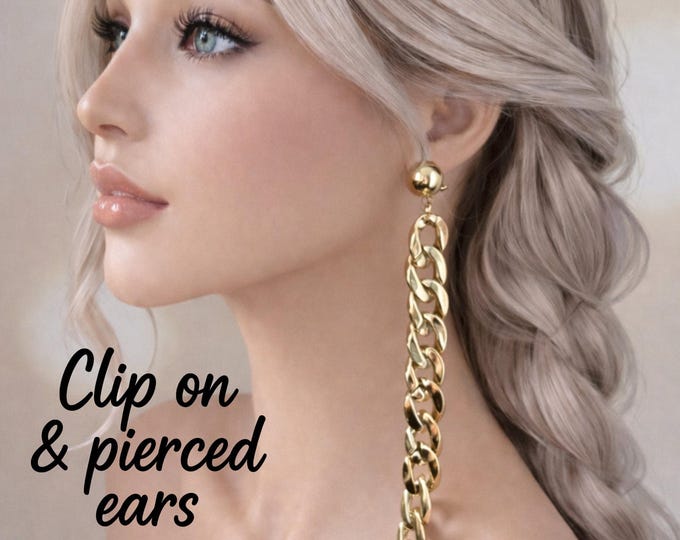 7" Long Statement Chain Earrings – Bold Lightweight Gold metallic-look acrylic chain – Clip On - Pierced